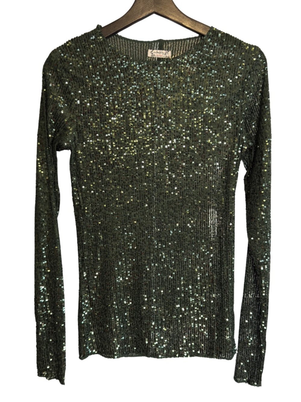 Free People Olive Green Sequin Ribbed Long-Sleeve Top